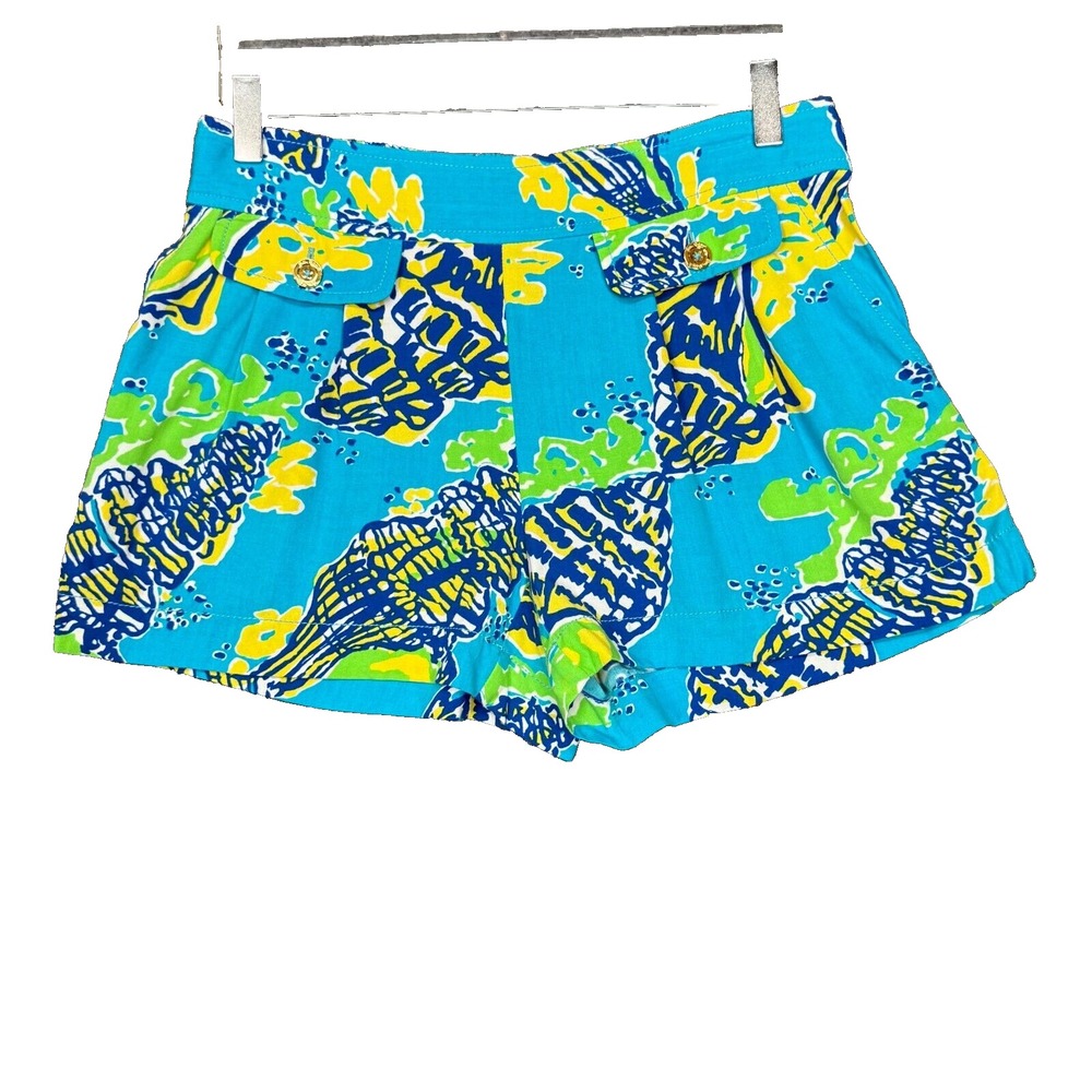 Lilly Pulitzer Shorts Womens Small Blue Green‎ Yellow Conch Shell Sound the Horn